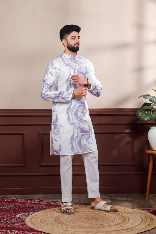 Premium Lavender Digital Printed Art Silk Kurta Pyjama Set for Men