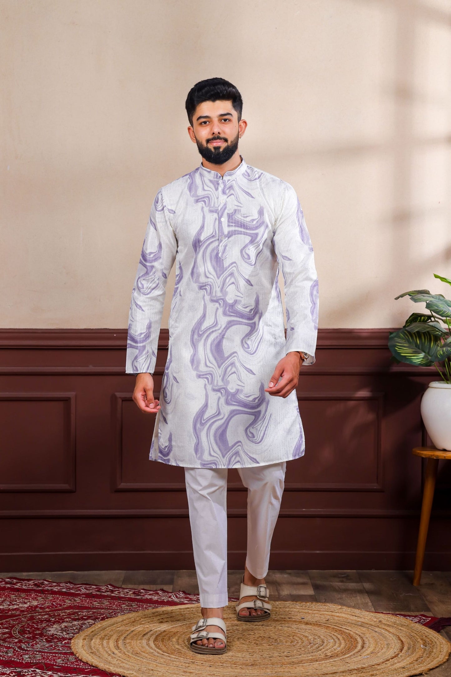 Premium Lavender Digital Printed Art Silk Kurta Pyjama Set for Men