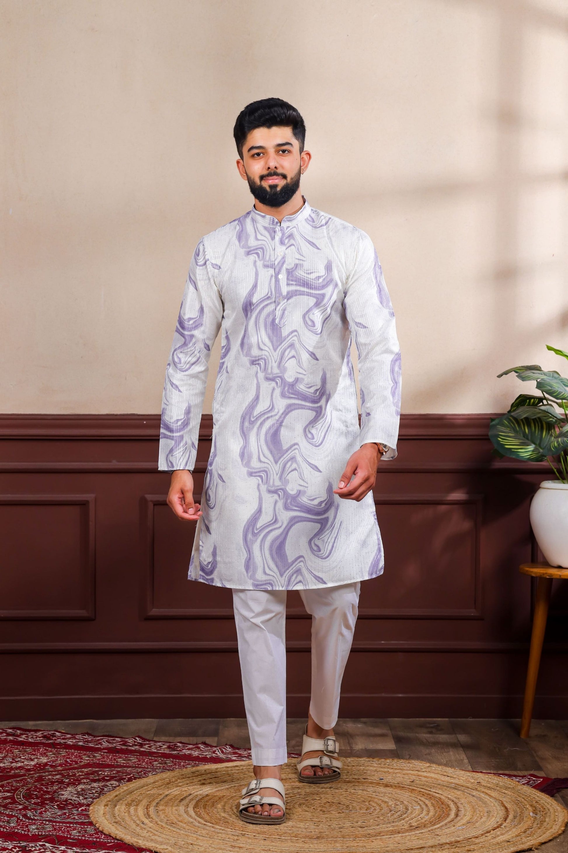 Premium Lavender Digital Printed Art Silk Kurta Pyjama Set for Men