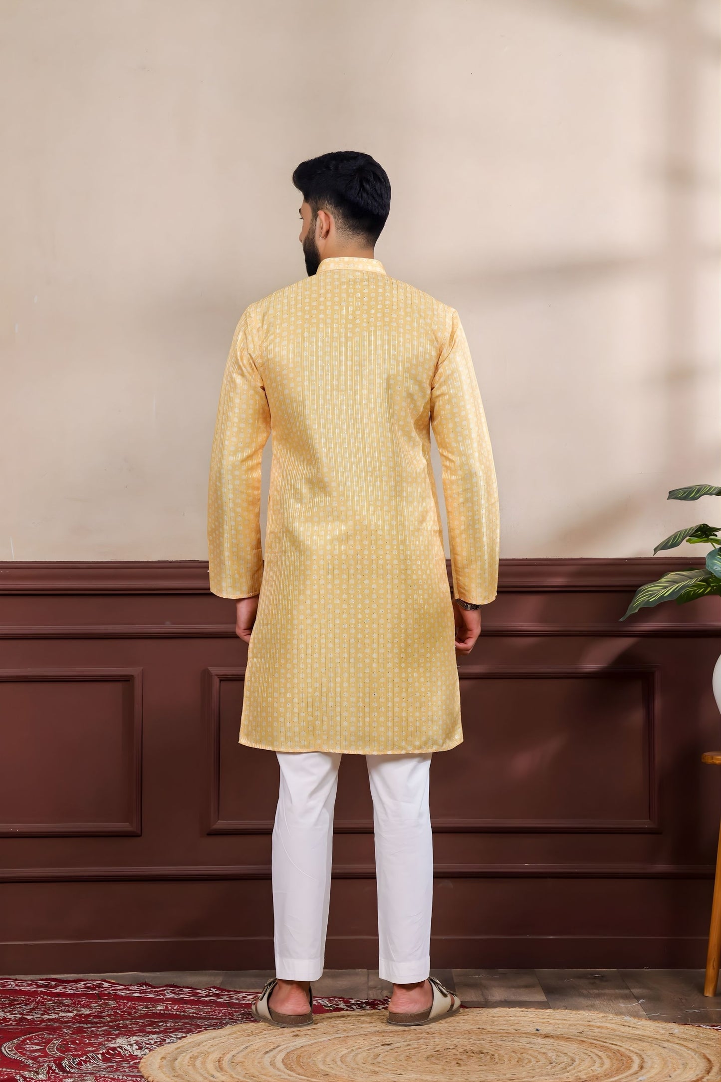 Delicate Mustard Yellow Digital Printed Art Silk Kurta Pyjama Set for Men