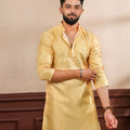 Delicate Mustard Yellow Digital Printed Art Silk Kurta Pyjama Set for Men