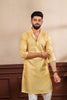 Delicate Mustard Yellow Digital Printed Art Silk Kurta Pyjama Set for Men
