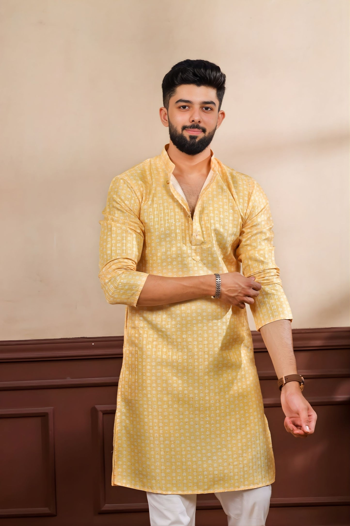 Delicate Mustard Yellow Digital Printed Art Silk Kurta Pyjama Set for Men