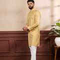 Delicate Mustard Yellow Digital Printed Art Silk Kurta Pyjama Set for Men