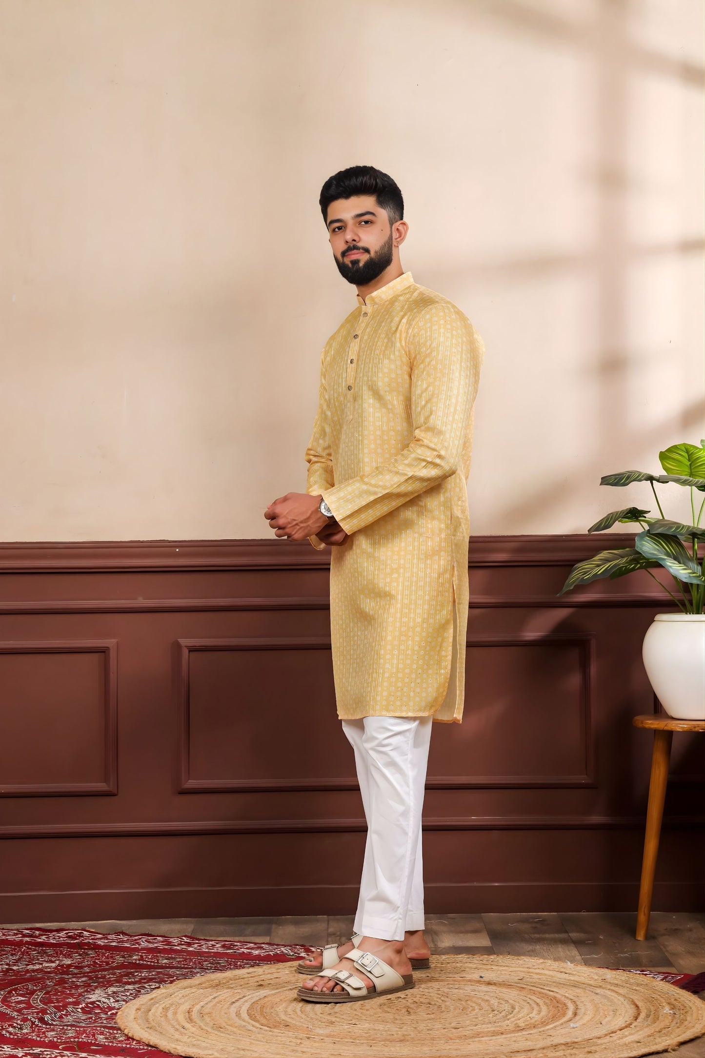 Delicate Mustard Yellow Digital Printed Art Silk Kurta Pyjama Set for Men