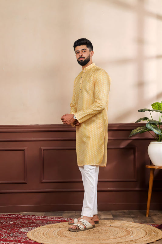 Delicate Mustard Yellow Digital Printed Art Silk Kurta Pyjama Set for Men
