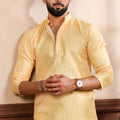 Delicate Mustard Yellow Digital Printed Art Silk Kurta Pyjama Set for Men