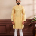 Delicate Mustard Yellow Digital Printed Art Silk Kurta Pyjama Set for Men