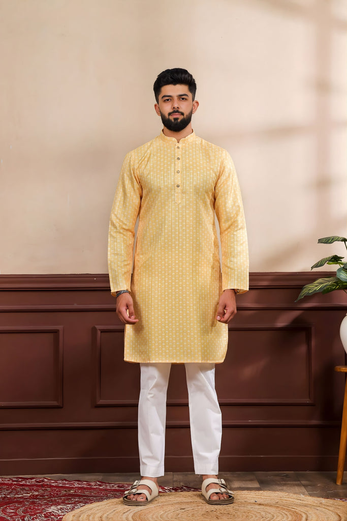 Delicate Mustard Yellow Digital Printed Art Silk Kurta Pyjama Set for Men