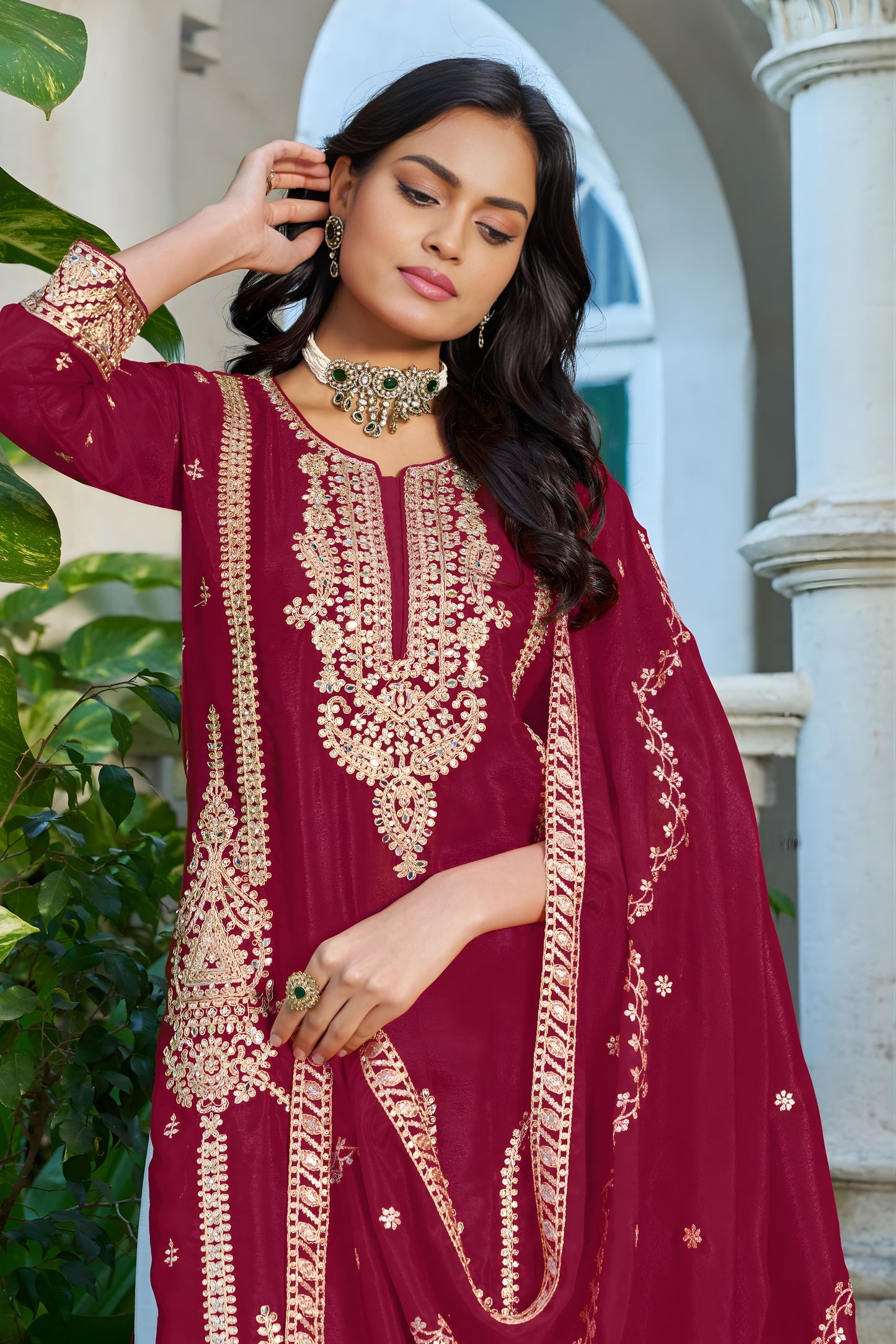 Elegant Maroon Chinon Heavy Embroidered Pakistani Palazzo Suit Set with Designer Dupatta