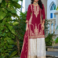 Elegant Maroon Chinon Heavy Embroidered Pakistani Palazzo Suit Set with Designer Dupatta