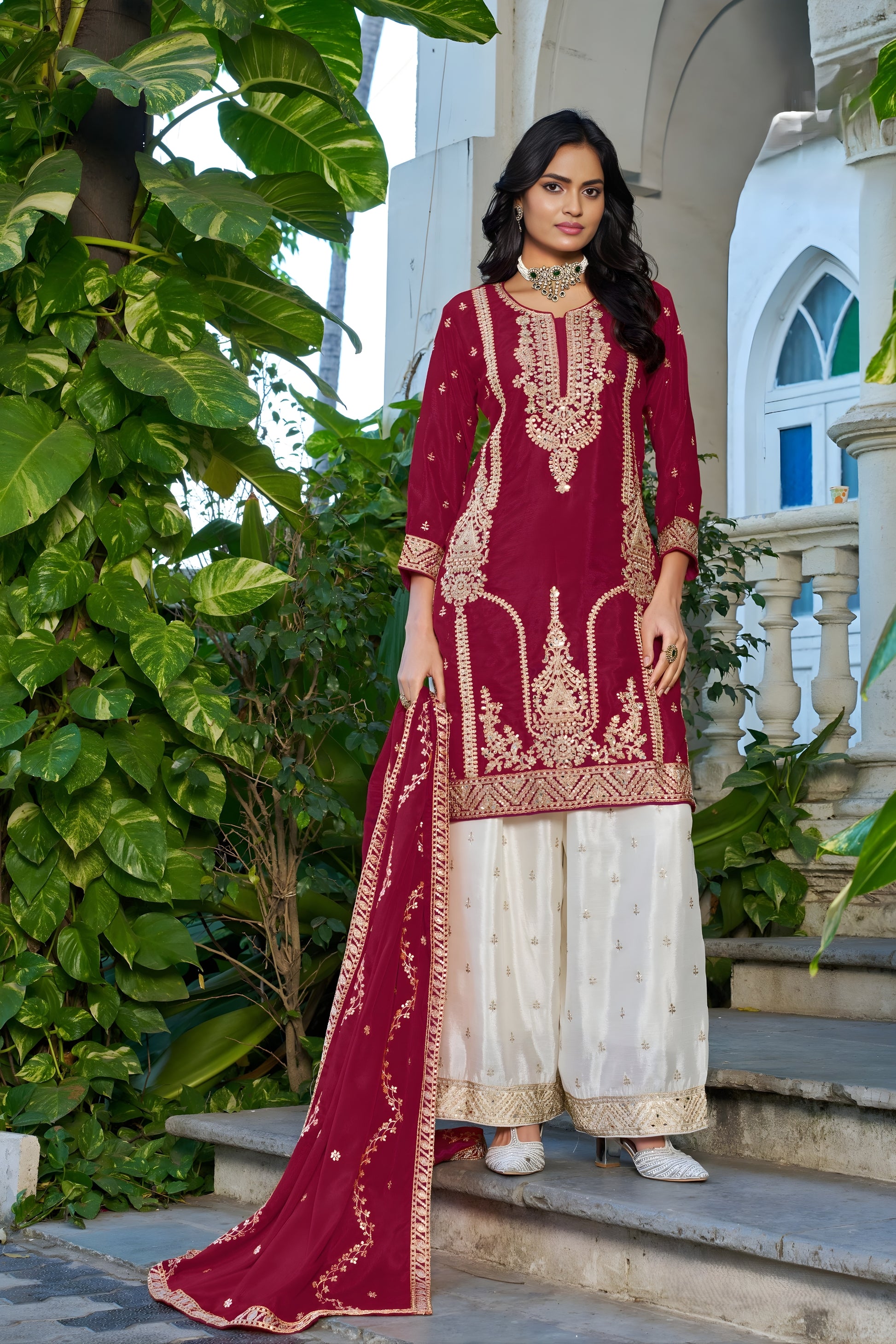 Elegant Maroon Chinon Heavy Embroidered Pakistani Palazzo Suit Set with Designer Dupatta