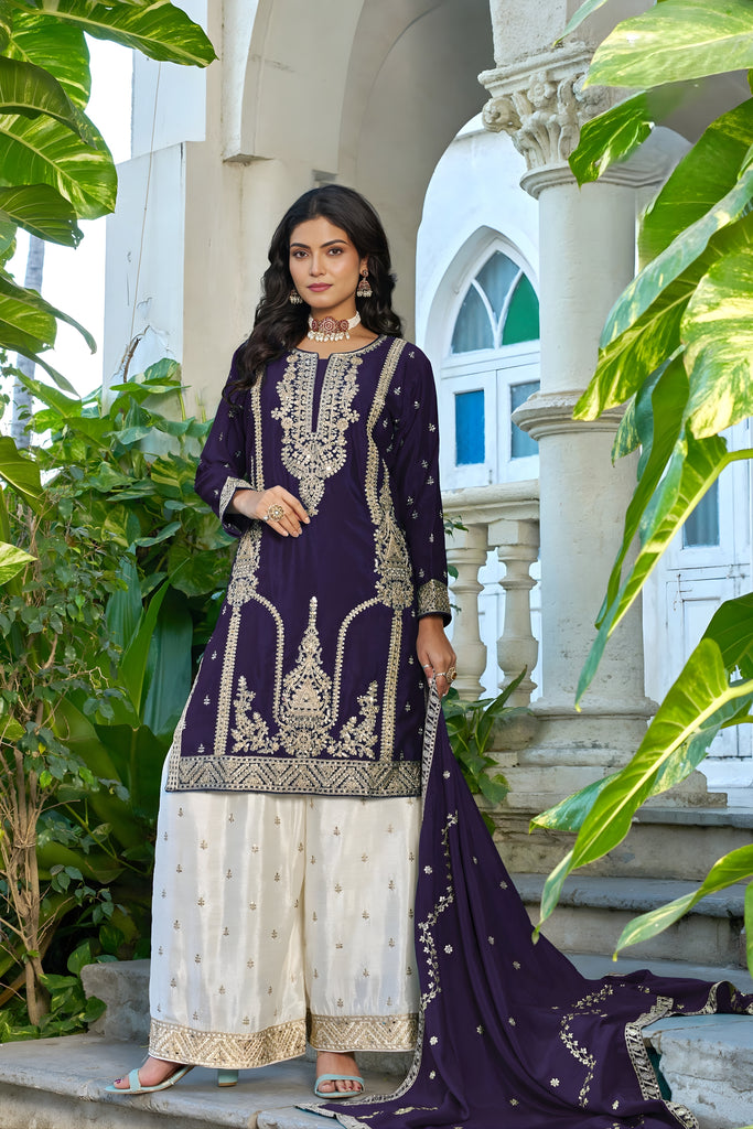 Stylish Purple Chinon Heavy Embroidered Pakistani Palazzo Suit Set with Designer Dupatta