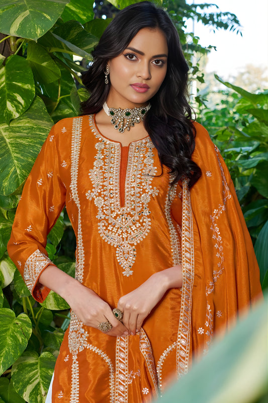 Vibrant Orange Chinon Heavy Embroidered Pakistani Palazzo Suit Set with Designer Dupatta