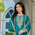 Traditional Teal Blue Chinon Heavy Embroidered Pakistani Palazzo Suit Set with Designer Dupatta for Women