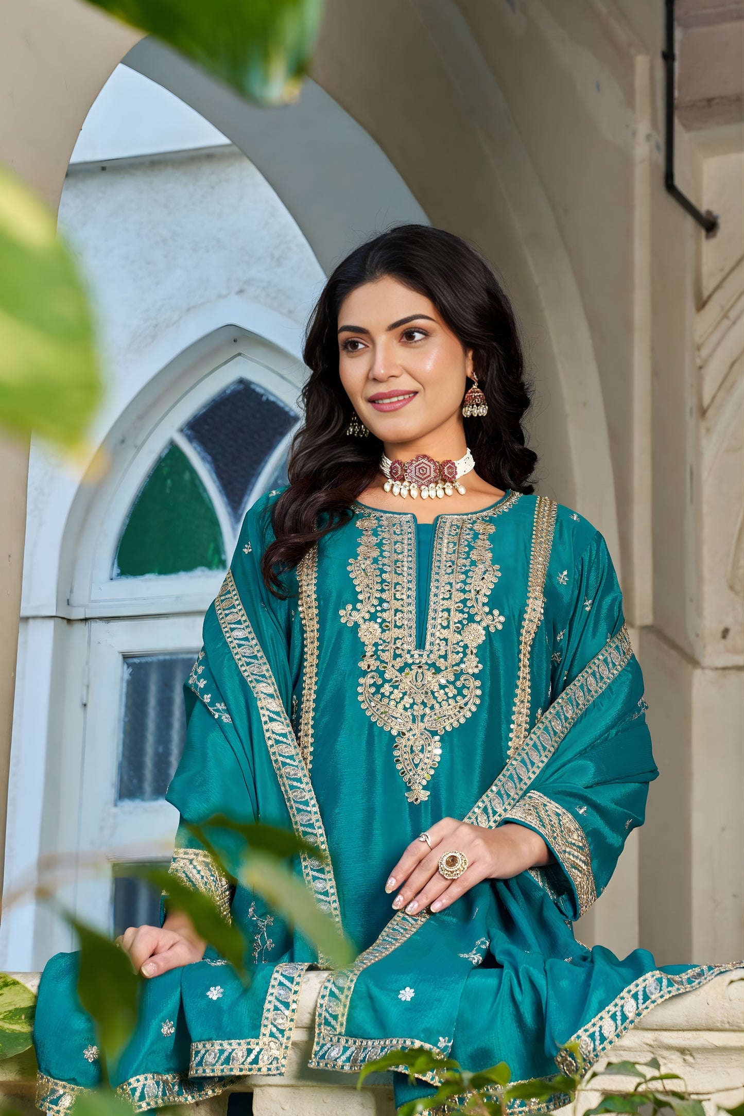 Traditional Teal Blue Chinon Heavy Embroidered Pakistani Palazzo Suit Set with Designer Dupatta for Women