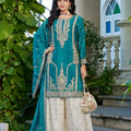 Traditional Teal Blue Chinon Heavy Embroidered Pakistani Palazzo Suit Set with Designer Dupatta for Women