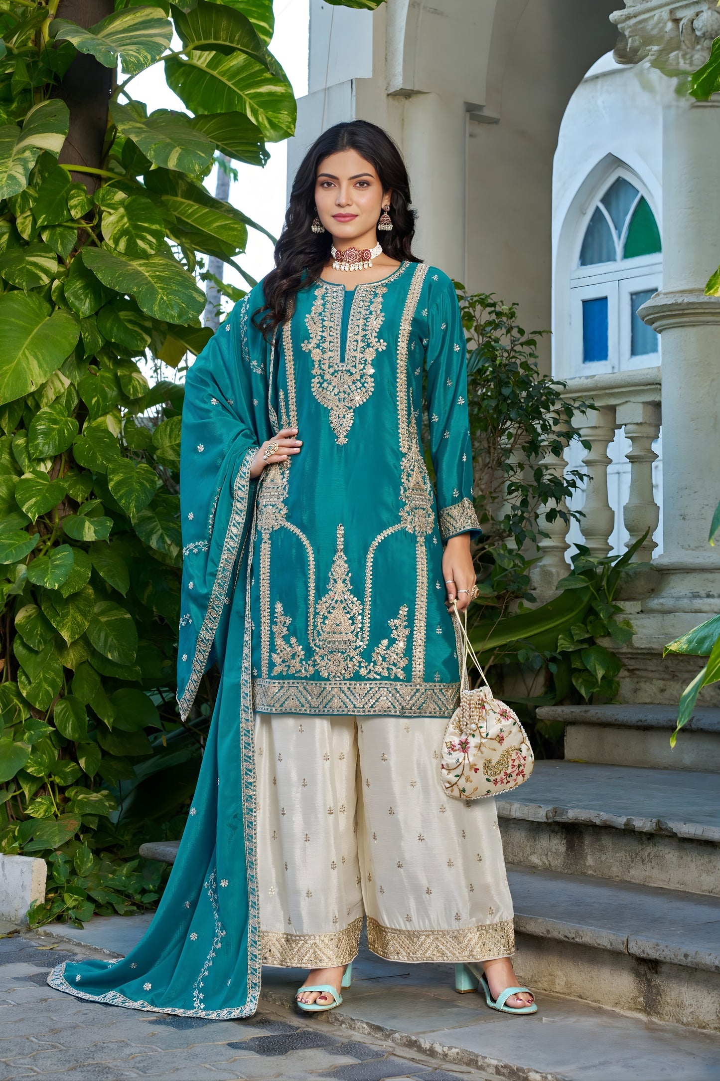 Traditional Teal Blue Chinon Heavy Embroidered Pakistani Palazzo Suit Set with Designer Dupatta for Women