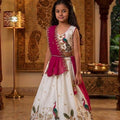 Stylish Off White Peacock Embroidered Lehenga Choli for Girls with Pink Dupatta