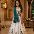 Trendy Off White Peacock Embroidered Lehenga Choli for Girls with Teal Green Dupatta