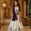 Stunning Off White Peacock Embroidered Lehenga Choli for Girls with Purple Dupatta