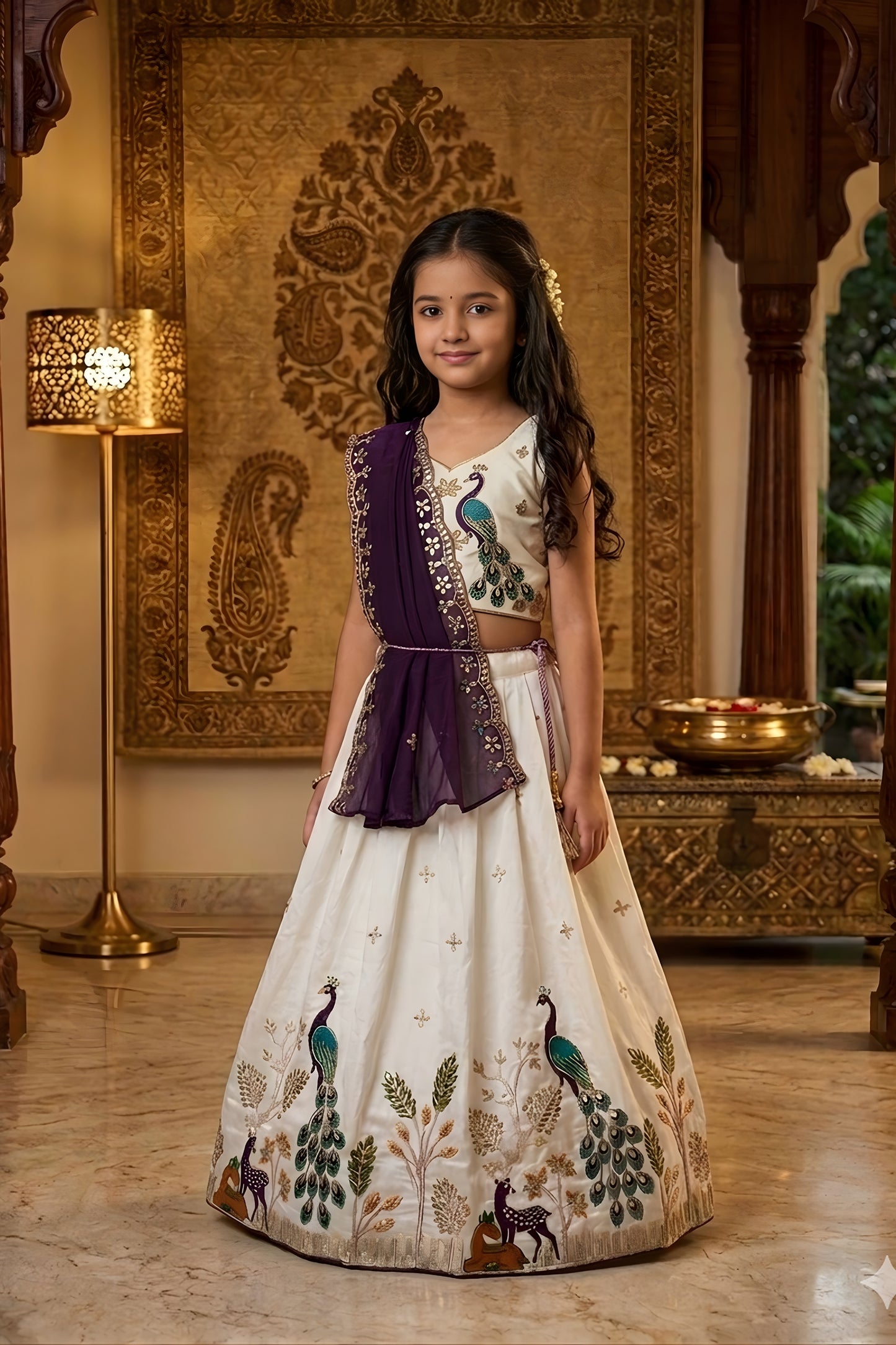 Stunning Off White Peacock Embroidered Lehenga Choli for Girls with Purple Dupatta