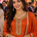 Elegant Orange Chinon Heavy Embroidered Pakistani Palazzo Suit Set with Designer Dupatta