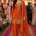 Elegant Orange Chinon Heavy Embroidered Pakistani Palazzo Suit Set with Designer Dupatta