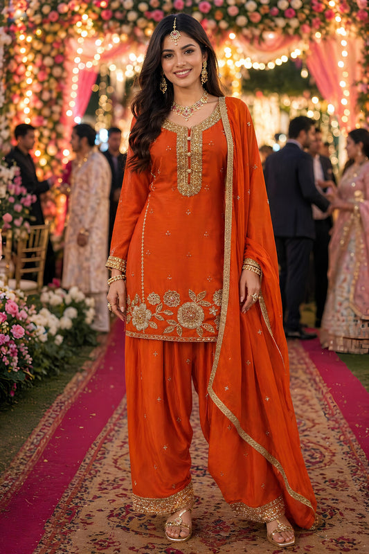 Elegant Orange Chinon Heavy Embroidered Pakistani Palazzo Suit Set with Designer Dupatta