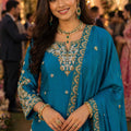 Adorable Teal Blue Chinon Embroidered Pakistani Palazzo Suit Set with Designer Dupatta