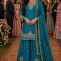 Adorable Teal Blue Chinon Embroidered Pakistani Palazzo Suit Set with Designer Dupatta