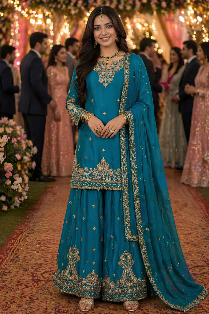 Adorable Teal Blue Chinon Embroidered Pakistani Palazzo Suit Set with Designer Dupatta
