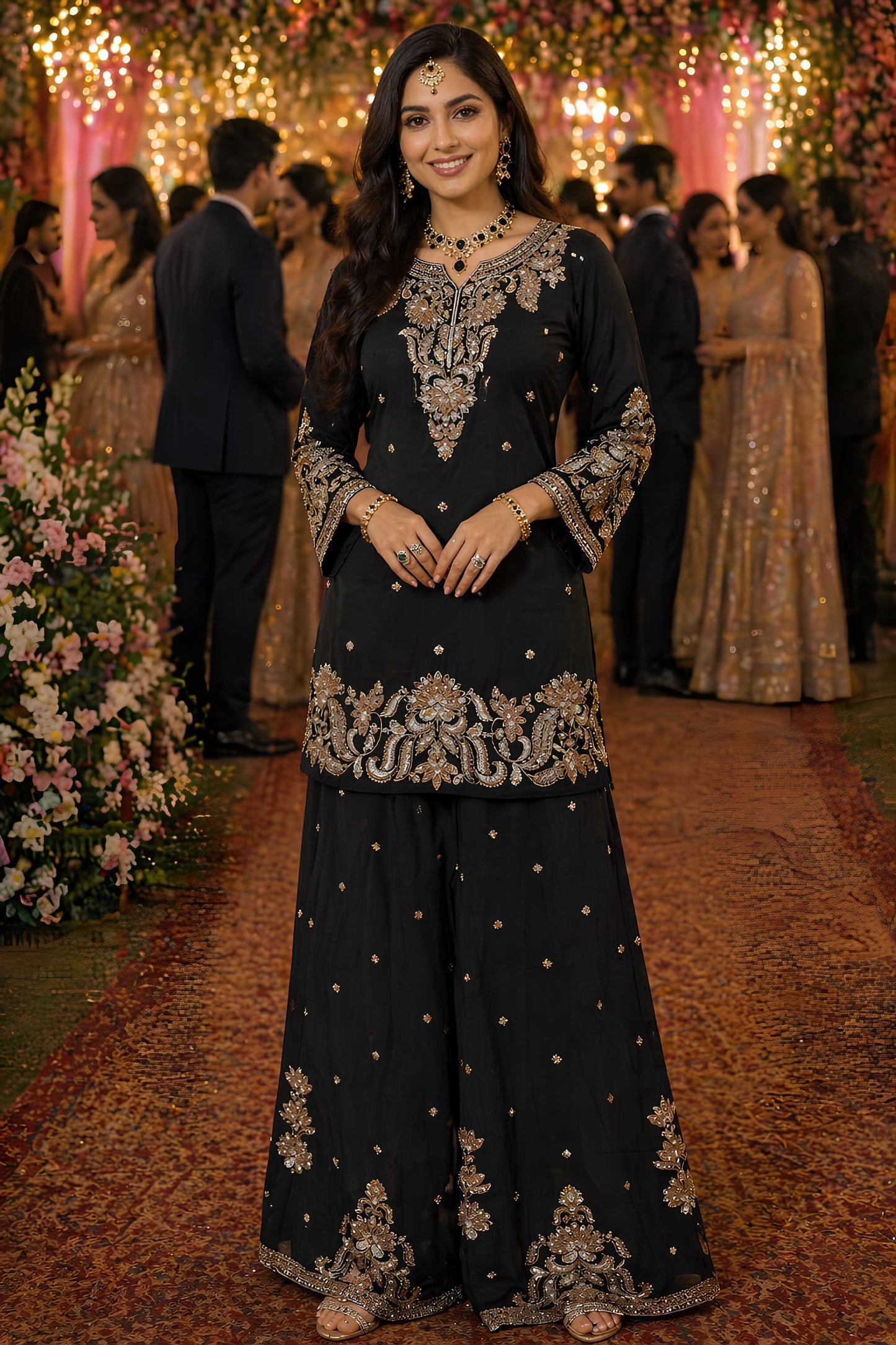 Luxury Black Chinon Embroidered Pakistani Palazzo Suit Set with Designer Dupatta