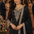 Luxury Black Chinon Embroidered Pakistani Palazzo Suit Set with Designer Dupatta