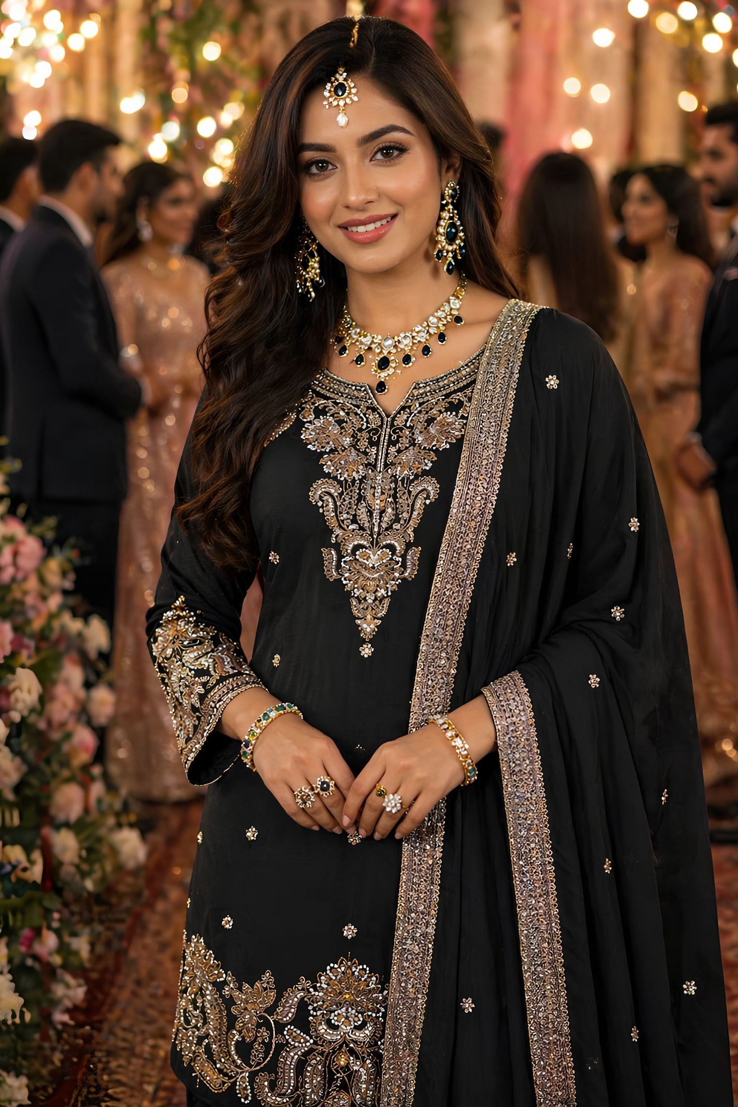Luxury Black Chinon Embroidered Pakistani Palazzo Suit Set with Designer Dupatta
