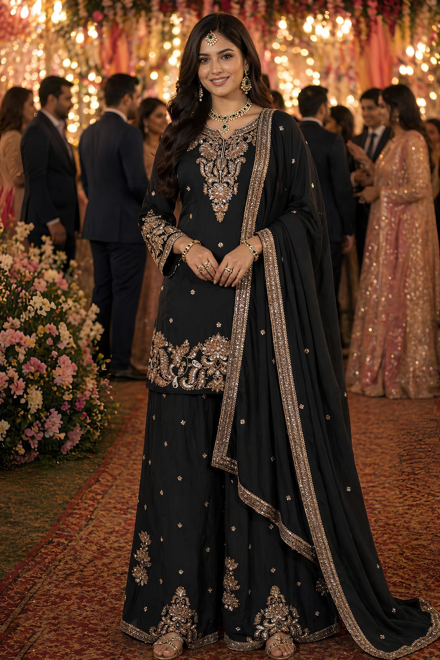Luxury Black Chinon Embroidered Pakistani Palazzo Suit Set with Designer Dupatta