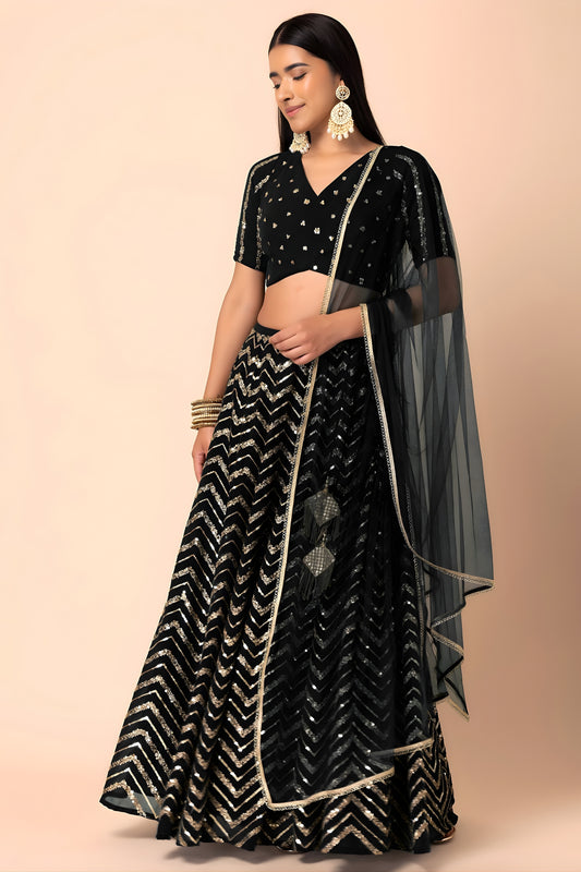 Elegant Black Faux Georgette Embroidered Lehenga Choli with Net Dupatta for Women