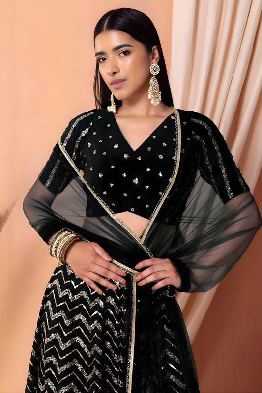 Elegant Black Faux Georgette Embroidered Lehenga Choli with Net Dupatta for Women