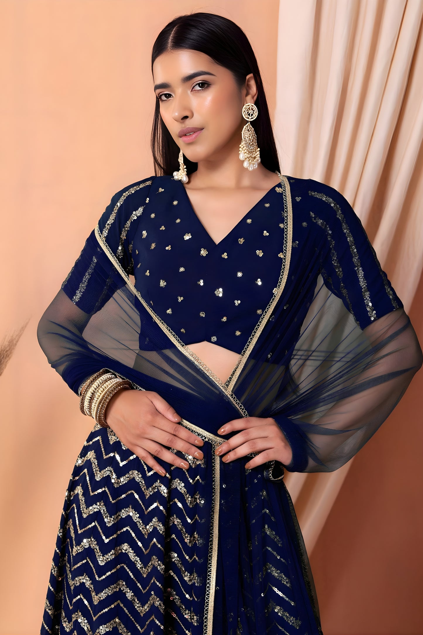 Luxury Royal Blue Faux Georgette Sequins Embroidered Lehenga Choli with Net Dupatta