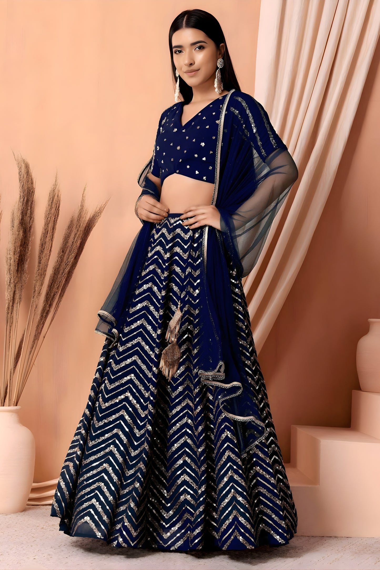 Luxury Royal Blue Faux Georgette Sequins Embroidered Lehenga Choli with Net Dupatta