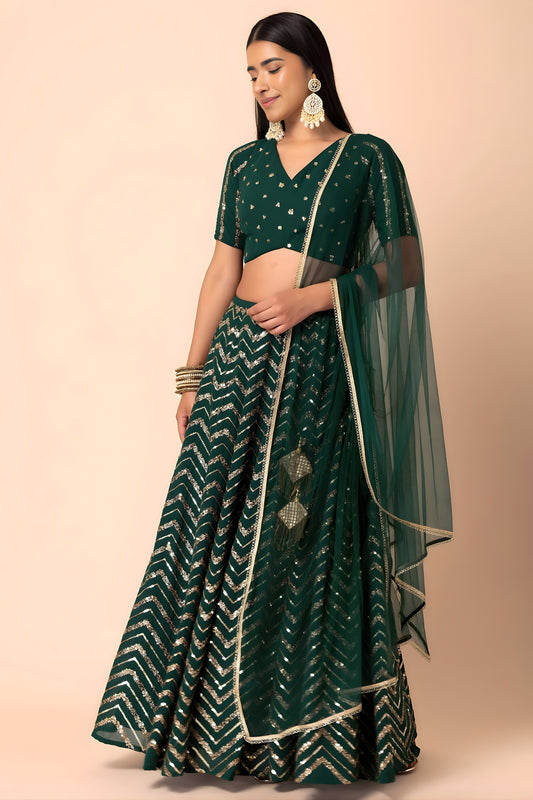 Designer Rama Green Faux Georgette Sequins Embroidered Lehenga Choli with Net Dupatta