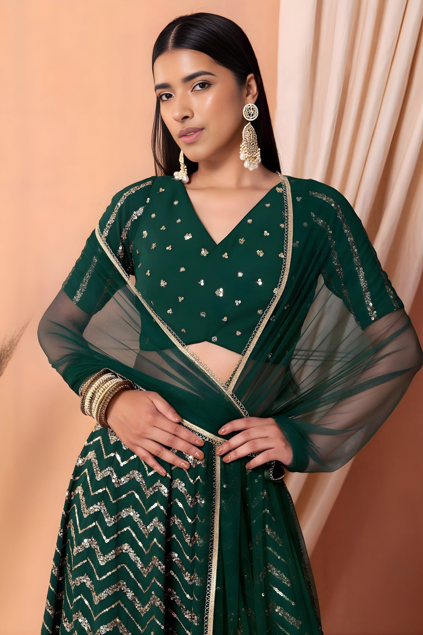 Designer Rama Green Faux Georgette Sequins Embroidered Lehenga Choli with Net Dupatta