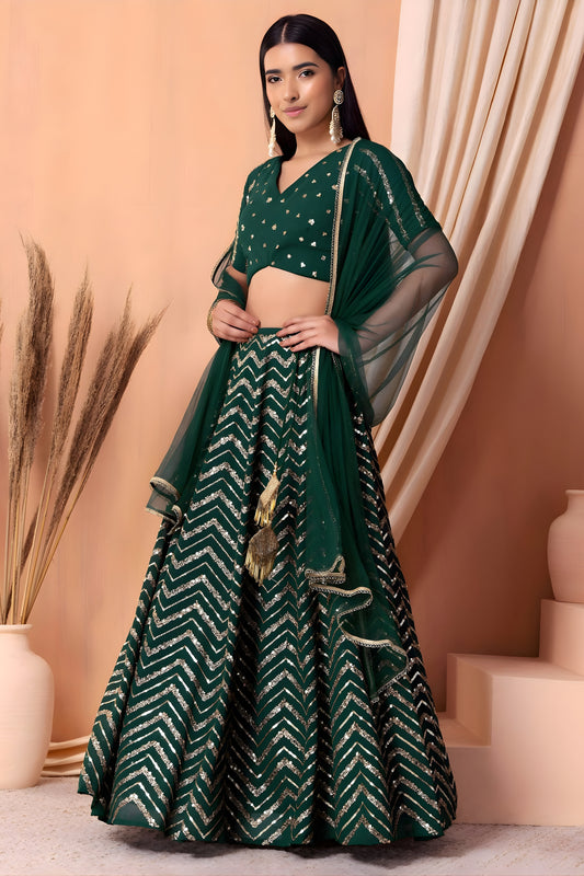 Designer Rama Green Faux Georgette Sequins Embroidered Lehenga Choli with Net Dupatta