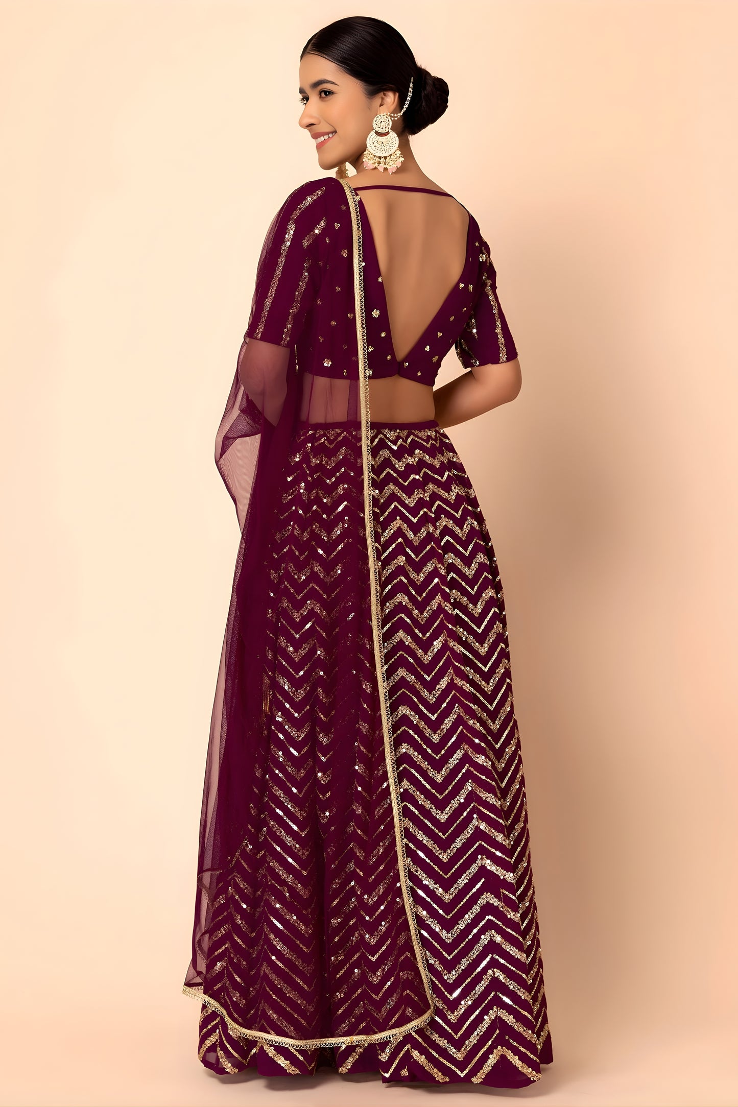 Stylish Wine Faux Georgette Sequins Embroidered Lehenga Choli with Net Dupatta