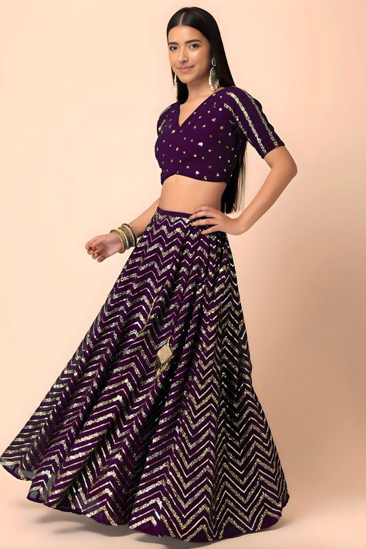 Stunning Purple Faux Georgette Sequins Embroidered Lehenga Choli with Net Dupatta
