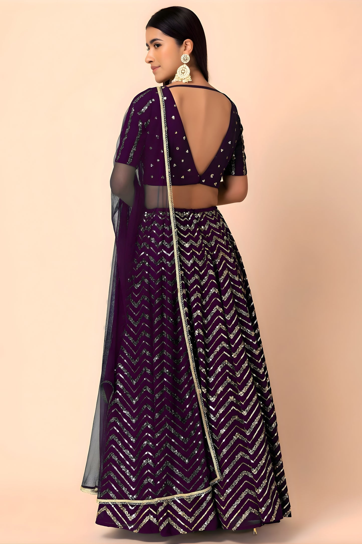 Stunning Purple Faux Georgette Sequins Embroidered Lehenga Choli with Net Dupatta