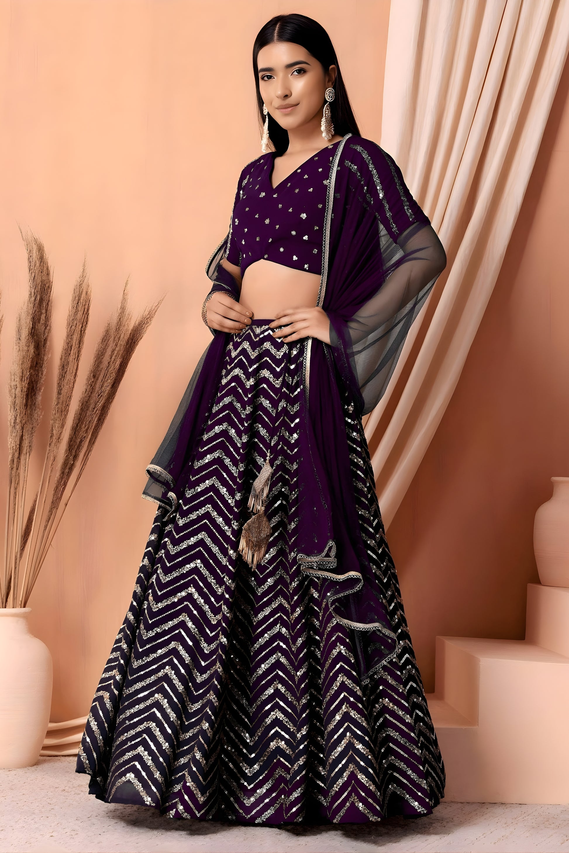 Stunning Purple Faux Georgette Sequins Embroidered Lehenga Choli with Net Dupatta