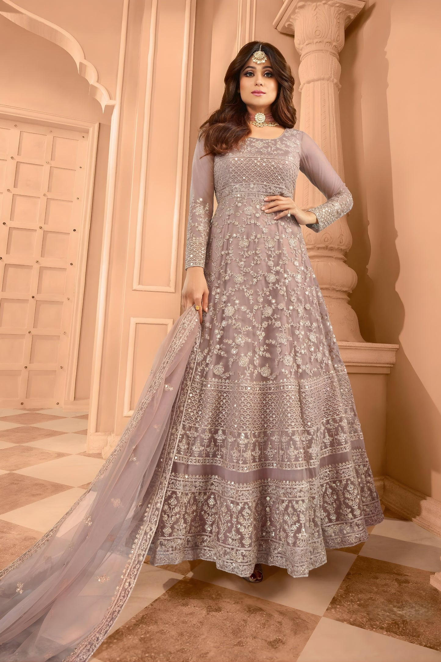 Luxury Mauve Net Embroidered Anarkali Suit with Designer Dupatta for Wedding
