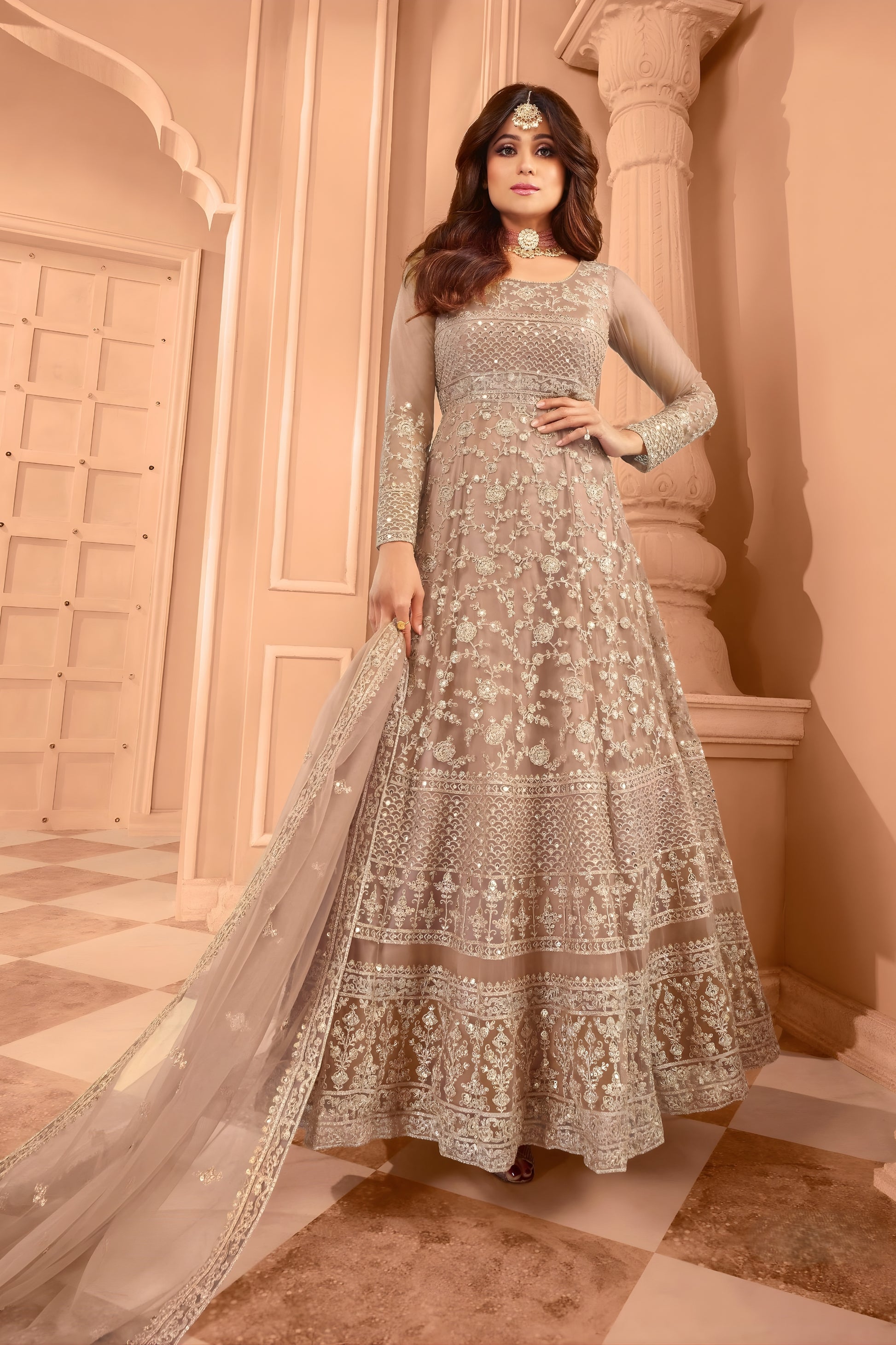 Elegant Beige Net Embroidered Anarkali Suit with Designer Dupatta for Wedding