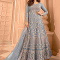 Trendy Sky Blue Net Embroidered Anarkali Suit with Designer Dupatta for Wedding